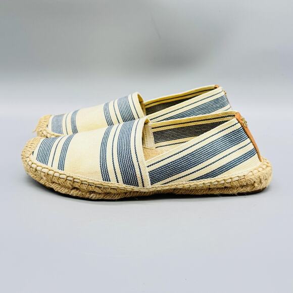 Tory Burch Shoes Womens 8.5 Blue Ivory Canvas Stripe Espadrilles Jute Slip On - Picture 2 of 10